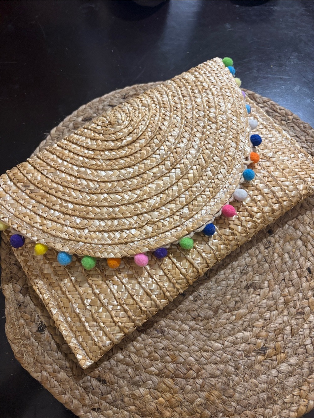 Shiraleah Natural Straw Clutch with Multicolor Pom Poms like new